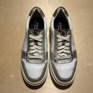 Cole Haan Women GrandPro Rally Court White Gold Leather Leopard Sneaker Size 6.5